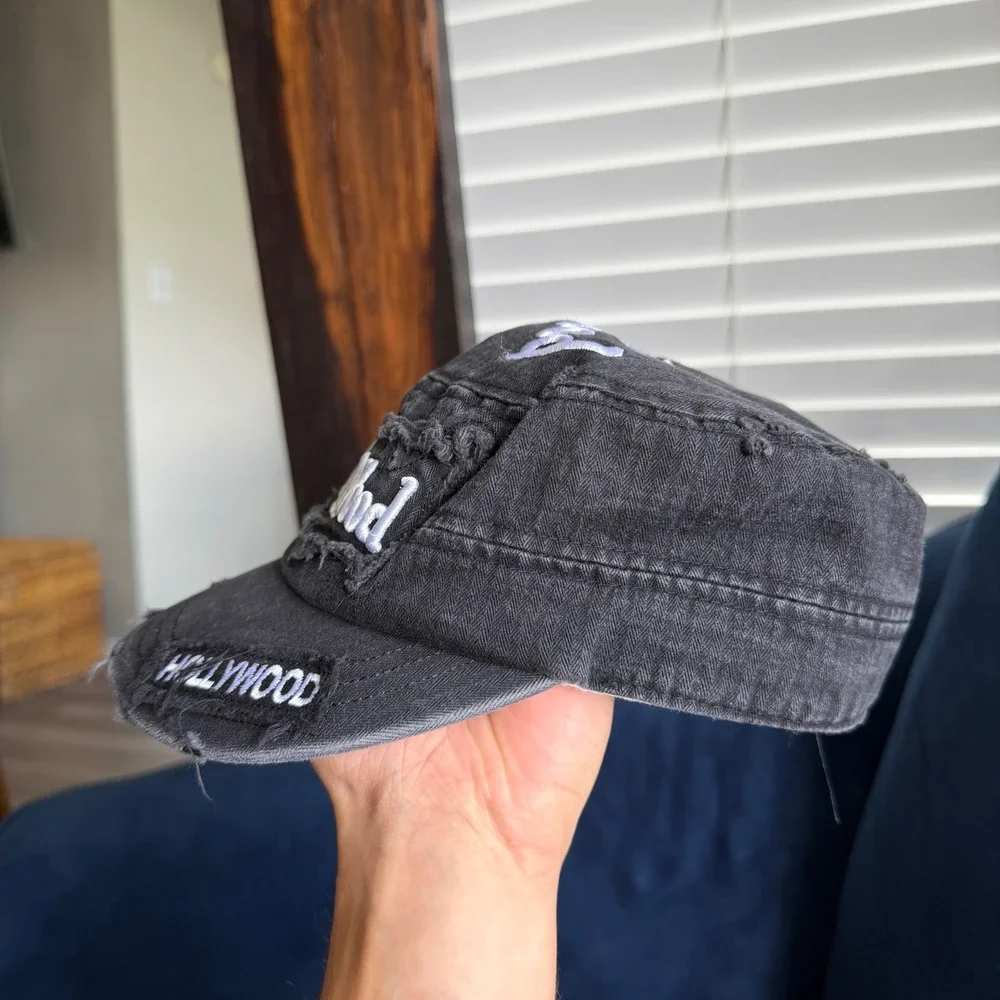 Vintage Y2K Hollywood Distressed Cadet Hat One Size Black Cap Grunge Alternative